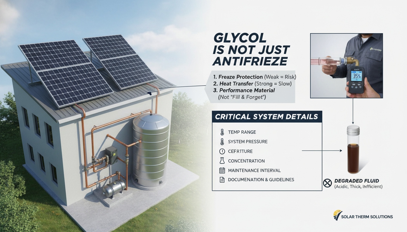 Glycol solar water heating system explaining glycol as a performance material with freeze protection, heat transfer, concentration and maintenance requirements